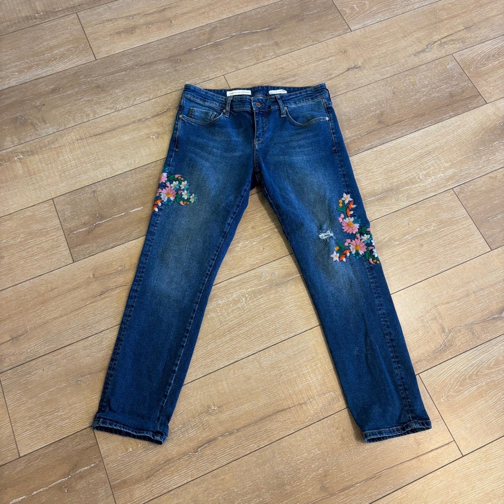 Pilcro and the Letterpress Floral Embroidered Distressed Jeans Blue Size 29